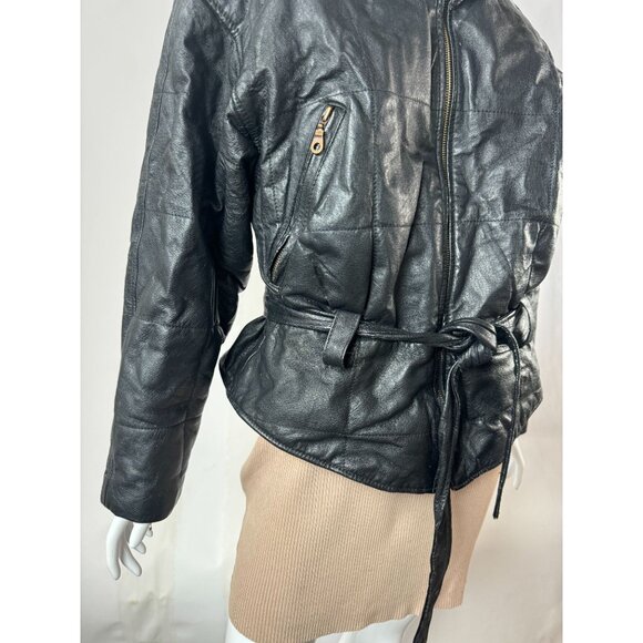Genuine Leather Northern Style Womens Jacket With Belted Waist Zip Size L Black - Picture 13 of 16